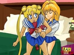 2futas balls bishoujo_senshi_sailor_moon blonde_hair bottomless breasts clothed clothing duo futa_on_futa futa_only futanari gay_comics grabbing_breasts human light-skinned_futanari light_skin long_hair penis school_uniform skirt twintails usagi_tsukino