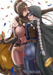 2girls absurdres ahoge alternate_costume ass bag bangs bare_shoulders belt black_cape blue_bodysuit blue_eyes blue_mask blue_ribbon bodysuit boots braid breasts brown_eyes brown_hair brown_mask cape chain domino_mask earrings envelope female female_only fire_emblem fire_emblem_fates fire_emblem_heroes gold_chain hair_over_one_eye hair_ribbon highres holding holding_envelope hood hood_up hooded_cape jewelry kagero_(fire_emblem) kagero_(thief)_(fire_emblem) kaos_art key keyring large_ass large_breasts leather_belt long_hair looking_at_viewer looking_back low_twintails mask multiple_girls nina_(fire_emblem) nina_(thief)_(fire_emblem) nintendo official_alternate_costume parted_bangs ponytail red_mask red_ribbon ribbon satchel skin_tight thick_thighs thigh_boots thighs twin_braids twintails white_background white_hair