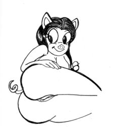 anthro ass black_hair breasts domestic_pig female genitals hair looney_tunes mammal monochrome nude petunia_pig pussy reddragonkan simple_background smooth_skin solo suid suina sus_(pig) traditional_media_(artwork) twintails warner_brothers