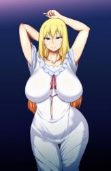 1girls big_breasts blonde_hair blue_eyes bottomwear breasts clothing darkness_(konosuba) female female_only hair hands_behind_head hips huge_breasts kono_subarashii_sekai_ni_shukufuku_wo! long_hair looking_at_viewer nightgown pants parumezan seductive seductive_look seductive_smile shirt smile solo solo_female topwear white_pants white_shirt