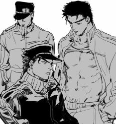 abs annoyed different_poses gay grumpy hands_in_pockets hat jojo's_bizarre_adventure jotaro_kujo lifted_shirt looking_down low_pants male male_focus male_only multiple_males muscles muscular_male nipples pecs pubic_hair questionable revealing sfw sitting_down solo solo_focus solo_male standing_up stardust_crusaders waist