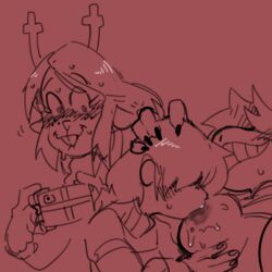 1boy 2girls anthro bangs_over_eyes blush breast_worship breasts breasts_out buckteeth camera claws deltarune doodle female_anthro furry hair_over_eyes hand_behind_head hand_on_breast holding_breast holding_camera holding_object human human_on_anthro kris_(deltarune) licking licking_breast light-skinned_male looking_at_another male/female male_human male_human/female_anthro marmaladedoodles_(artist) noelle_holiday red_background reindeer reindeer_antlers scalie smug smug_face smug_grin snout staring staring_at_another sucking_nipples susie_(deltarune) voyeur watching