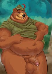 2022 anthro balls belly big_belly black_nose brown_body clovishusky disney genitals hi_res humanoid_genitalia humanoid_hands humanoid_penis little_john male male_only mammal navel outside overweight overweight_male penis robin_hood_(disney) solo ursid