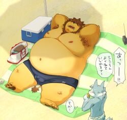 2022 anthro armpit_hair balls_outline belly big_belly blue_body body_hair bulge canid canine clothing duo felid genital_outline japanese_text kemono lion lying male male/male mammal moobs navel nipples obese obese_male overweight overweight_male pantherine penis_outline sleeping swimwear text totemoii_029 water white_body