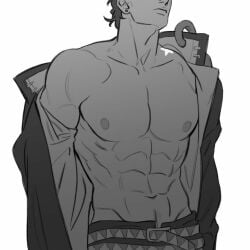 abs birthmark black_and_white gay jojo's_bizarre_adventure jotaro_kujo loose_belt male male_only muscles muscular_male nsfw pecs pubic_hair revealing shirtless solo_male stardust_crusaders unclothing unknown_artist