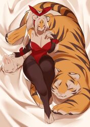 1boy 1girls amber_eyes anthro arknights aspirindabaitu big_breasts breasts female feral fur mx99926 pantyhose smile thick_thighs tiger tiger_boy tiger_girl waai_fu_(arknights) wide_hips