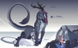 absurd_res anthro antlers anus ass balls bodily_fluids claws crotchboobs delta.dynamics duo erection female fur genital_fluids genitals hair hi_res horn male male/female nipples nude penis pussy