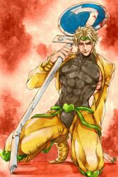 abs blood_stain crouching dio_brando jojo's_bizarre_adventure legs_held_open male_only muscles muscular_male sfw stardust_crusaders street_sign tight_clothing unknown_artist vampire