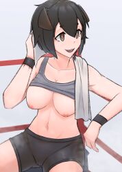 arknights black_hair breasts clothed dog_ears jackie_(arknights) navel nipples shorts sitting sports_bra_lift vodoke