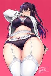 1girls bra breasts cartoony clothed female female_only original panties purple_hair solo stockings thighs tirotata tongue tongue_out