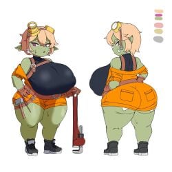 amx1375 bbw blonde_hair female gloves goblin goblin_female goggles goggles_on_head green_skin hammer hand_on_hip huge_ass huge_breasts original_character pointy_ears purple_eyes screwdriver shirt shoes short_hair shorts shortstack thick_thighs tools wrench