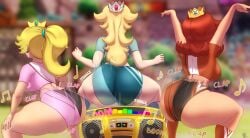 3girls ass ass_clapping ass_focus ass_shake big_ass big_butt blonde_hair bouncing_ass bouncing_butt bubble_butt butt clapping_cheeks clothing crown dat_ass fat_ass female female_only gold_boombox_(prevence) huge_ass huge_butt large_ass light-skinned_female light_skin mario_(series) mario_strikers motion_blur motion_lines musical_note n-kosi n-kosi_(coloring) nintendo onomatopoeia orange_hair pawg princess_daisy princess_peach princess_rosalina rear_view royalty shaking shaking_ass shaking_butt shirt shorts sports_uniform sportswear squatting thick_ass thick_thighs twerk_hypnosis twerking wide_hips