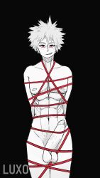 abs aged_up bondage erection femboy gay grown_up hairy inktober katsuki_bakugou kinbaku kinktober luxoh male my_hero_academia pecs penis pubic_hair rope_bondage spiky_hair testicles