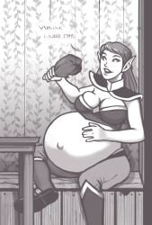 1girls belly big_belly big_breasts breasts chair cleavage female food hand_on_belly olympic-dames pointy_ears pregnancy_cravings pregnant