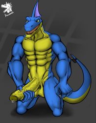 anthro balls blue_body blue_scales blue_skin galileo_(pp) genitals hi_res male markdeth muscular muscular_anthro muscular_male penis power_players reptile scales scalie solo vein veiny_penis yellow_body yellow_scales yellow_skin