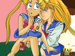 2futas balls bishoujo_senshi_sailor_moon blonde_hair breasts clothing duo futa_on_futa futa_only futanari gay_comics groping_balls human light-skinned_futanari light_skin long_hair nipples penis skirt small_breasts twintails usagi_tsukino