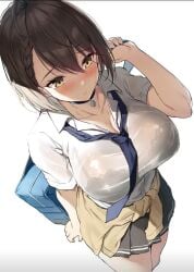 1girls azur_lane baltimore_(after-school_ace)_(azur_lane) baltimore_(azur_lane) black_bra blush bra bra_visible_through_clothes brown_hair embarrassed female female_only looking_away school_uniform see-through see-through_clothing short_hair solo solo_female tie underwear wet wet_clothes xe_(execut3r) yellow_eyes