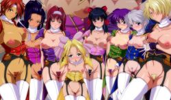 2011 6+girls 8girls black_hair blonde_hair blue_eyes blue_hair blush bow breasts brown_eyes brown_hair clothing green_eyes hair_ribbon headband ide_(cristo) iris_chateaubriand kanzaki_sumire kirishima_kanna large_breasts leggings leni_milchstrasse long_hair maria_tachibana medium_breasts medium_hair multiple_girls nipples no_panties pubic_hair purple_eyes purple_hair red_hair ri_kohran sakura_shinguji sakura_taisen sakura_wars sega short_hair silver_hair small_breasts soletta_orihime stockings uncensored uniform vagina