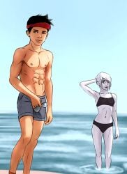 1boy 1girls abs beach bikini black_hair damian_wayne dc dc_comics face_paint female flat_chested flatline_(dc) girl green_eyes lean_muscle male muscle pale-skinned_female robin_(damian_wayne) robin_(dc) shirtless_(male) skeleton_markings swimsuit swimwear tan_skin the_lazarus_tournament timdamistan white_hair_female younger_male