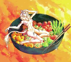 abstract_background ambiguous_gender breasts chopsticks felid food fur hi_res hybrid liger lion looking_at_viewer mammal mane pantherine stripes tass_(tassy) white_body white_fur