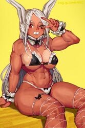 1girls abs big_breasts breasts bunny_ears female female_only fishnets keigi_(artist) long_hair micro_bikini miruko muscular muscular_female my_hero_academia one_eye_closed peace_sign red_eyes rumi_usagiyama shounen_jump sitting six_pack smile solo solo_female thick_thighs toned toned_female white_hair wink