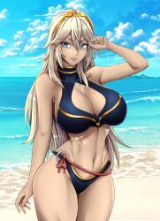 1girls alternate_color alternate_costume alternate_hair_color alternate_skin_color bare_thighs beach bikini blonde_hair blue_bikini blue_eyes blue_swimsuit breasts cleavage cleavage_cutout female female_only fire_emblem fire_emblem_awakening grey_hair grin hourglass_figure kerana_art large_breasts lucina_(fire_emblem) nintendo ocean outdoors sideboob smile swimsuit symbol-shaped_pupils tan tan_body tanned tanned_female tanned_skin thick_thighs thighs tiara