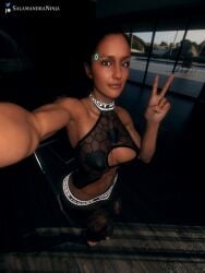 1futa 3d abs big_breasts black_hair breasts brown_eyes bulge clothing dark-skinned_futanari dark_skin detroit:_become_human feet futa_only futanari muscular_futanari north_(detroit:_become_human) salamandraninja selfie solo