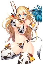 animal_ears animal_print arms_up bell bikini blonde_hair blue_eyes blush bouncing_breasts breasts cheerleader choker cow_ears cow_girl cow_print cow_tail cowbell ear_tag elbow_gloves female gloves highres large_breasts long_hair mole mumu_(soccer_spirits) navel neck_bell open_mouth pom_pom_(cheerleading) side-tie_bikini simple_background smile snowball22 soccer_spirits solo swimsuit tail thighhighs very_long_hair water