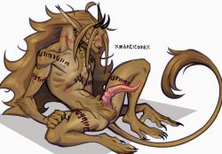 animal_genitalia animal_penis anthro arm_support arm_tattoo ass balls chest_tattoo chest_tuft clawed_fingers claws digitigrade ear_piercing ear_ring erection fangs felid genitals hair hair_over_eye hi_res horn leg_tattoo long_hair male male_anthro mammal manticore middle_eastern_mythology monster mythology nude one_eye_obstructed penis persian_mythology piercing pubes ring_piercing simple_background sitting solo tail_tuft tapering_penis tattoo toe_claws tuft west_asian xmanticorax