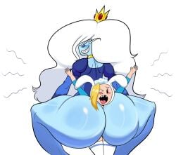 2girls adventure_time ass between_ass between_butt between_buttcheeks big_ass big_butt blue_body blue_clothing blue_dress blue_skin broly_culo choke_hold choking female female_only fionna_the_human_girl huge_ass huge_butt ice_queen light-skinned_female light_skin looking_back looking_down majuv massive_ass massive_butt meme mob_face open_mouth smile smiling smirk squash squashed squashing squat squatting teeth yuri