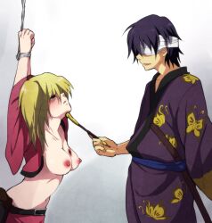 1boy 1girls arms_above_head arms_up bandages bare_midriff blonde_hair blush breasts_out burn_scar eye_patch female femsub gintama japanese_clothes kijima_matako kimono kiseru male maledom medium_breasts no_bra open_shirt pipe restrained rope suika_soda takasugi_shinsuke