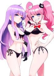 2girls bikini bikini_bottom bikini_top breasts cleavage danganronpa danganronpa:_trigger_happy_havoc danganronpa_1 female female_only junko_enoshima kirigiri_kyouko large_breasts looking_at_viewer multiple_girls pink_hair purple_hair straight_hair tsunemi_aosa white_background