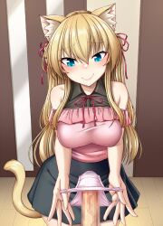 1boy animal_ears bangs bare_shoulders blonde_hair blue_eyes blush breasts cat's_cradle cat_ears cat_girl cat_tail censored female frills highres long_hair mosaic_censoring nokoppa original panties panties_on_penis pantyjob penis pink_panties pov presenting_panties pussy_juice_stain skirt smile tail underwear