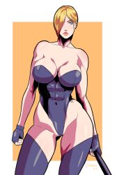 2020s 2023 abs black_gloves blonde_hair blue_eyes cameltoe capcom cleavage falke fingerless_gloves gloves leotard muscular_female partially_fingerless_gloves pululon short_hair skintight street_fighter street_fighter_v thighhighs thunder_thighs wide_hips