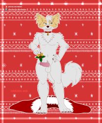 2021 absurd_res anthro bell_accessory canid canine canis christmas christmas_clothing clothing collar domestic_dog eyewear glasses hi_res holidays knot long_tail male mammal mistletoe papillon plant ryukawa smug solo toy_dog