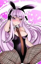 1girls alternate_version_available blush breasts bunny_ears bunny_girl bunnysuit danganronpa danganronpa:_trigger_happy_havoc danganronpa_1 exposed_breasts female female_only fishnet_stockings kirigiri_kyouko reeceyd3 smooth_skin solo thick_thighs thighs