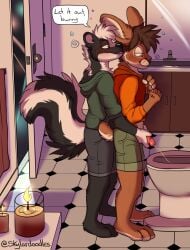 absurd_res anthro assisted_peeing barefoot bathroom blush bodily_fluids bottomwear brown_hair candle clothed clothing digital_media_(artwork) door drunk duo english_text feet flip_bunny genital_fluids genitals green_eyes hair hand_on_partner's_penis hi_res hindpaw hoodie inside lagomorph leporid lit_candle male male/male mammal mephitid niteskunk paws peeing peeing_into_toilet penis rabbit redfeatherstorm shaded shorts skunk speech_bubble substance_intoxication text topwear urine urine_stream yellow_eyes