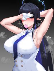 1girls armpit armpits big_breasts blue_archive blue_eyes blush breasts busty condom curvaceous curvy curvy_body curvy_female curvy_figure elf_ears female female_focus female_only glasses gloves huge_breasts large_breasts looking_at_viewer pointy_ears rin_(blue_archive) shaved_armpit solo solo_female solo_focus tyamurai33 voluptuous