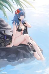 alternate_costume artist_name bangs barefoot bikini black_bikini black_cape black_swimsuit blue_hair breasts byleth_(fire_emblem) byleth_(fire_emblem)_(female) byleth_(summer)_(fire_emblem)_(female) cape cleavage commentary dagger english_commentary female fire_emblem fire_emblem:_three_houses fire_emblem_heroes flower hair_between_eyes hair_flower hair_ornament hibiscus highres knife large_breasts leaf long_hair looking_at_viewer moja_(rainpoow) official_alternate_costume parted_lips partially_submerged purple_eyes red_flower signature sitting solo swimsuit toes water weapon