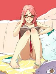 1girls adjusting_eyewear adjusting_glasses against_bed almost_naked arm_support barely_clothed bed bedroom book boruto:_naruto_next_generations carpet eyewear feet female female_only glasses green_nail_polish katsuyu megane mostly_nude nail_polish naruto naruto:_the_last naruto_(series) naruto_shippuden nekomate14_edited no_panties no_shoes no_underwear on_floor partially_clothed petite petite_body pussy reading sakura_haruno sitting sleeveless sleeveless_shirt slug snake solo stuffed_animal stuffed_toy