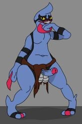 absurd_res anthro balls blue_body bottomwear brown_clothing clothing funky_hop generation_4_pokemon genitals hi_res loincloth male nintendo penis pokemon pokemon_(species) simple_background solo thick_thighs torn_clothing toxicroak video_games yellow_eyes