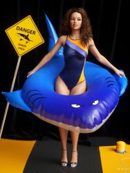 1girls 3d brown_hair curly_hair female floatie inflatable_toy mbirdcz one-piece_swimsuit sign solo standing swimsuit warning_sign