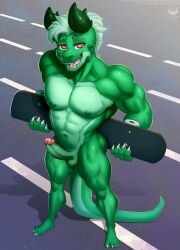 4_toes abs absurd_res anthro balls claws clothed clothing collarbone countershade_tail countershade_torso countershading dragon eldiman erection eyebrows feet finger_claws foreskin frenulum genitals glans green_arms green_balls green_body green_countershading green_feet green_fingers green_foreskin green_hair green_horn green_legs green_nipples green_penis green_scales green_tail green_toes hair hi_res horn humanoid_genitalia humanoid_penis male muscular muscular_anthro muscular_male navel nipples pecs penis pink_glans pink_tongue pose red_eyes retracted_foreskin scales scalie shadow skateboard standing teeth toe_claws toes tongue topless