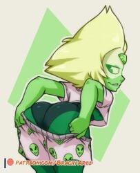 1girls arms_behind_back artist_name ass blonde_hair brachyzoid cartoon_network clothed clothing female forehead_jewel gem green_body green_eyes green_skin hair looking_back patreon patreon_username peridot_(steven_universe) pulling_down_shorts rear_view shirt shorts shorts_down smile solo solo_female steven_universe thighs url web_address white_shirt white_shorts