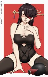 beidou_(genshin_impact) blackcapbandit bodysuit breasts brown_hair cleavage eyepatch genshin_impact pinup pirate red_eyes