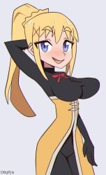 armpits big_breasts blonde_hair blue_eyes bodysuit darkness_(konosuba) drupeneassot kono_subarashii_sekai_ni_shukufuku_wo! ponytail solo