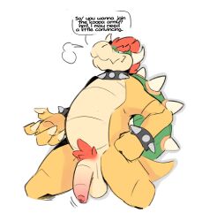 1boy anthro balls ballsack bara boss bowser cartoony claws collar dangling_testicles demanding digital_media_(artwork) foreskin genitals glans hi_res horns humanoid_penis intact koopa low_hanging_balls male male_only male_pubic_hair mario_(series) musclegut nintendo nude partially_retracted_foreskin penetration penis red_hair reptile scalie scrotum simple_background slightly_chubby smile smooth_penis sodacaps solo spikes tail testicles text uncut video_games