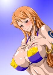 abs big_breasts cute female female_only fit_female holding_breast looking_pleasured nami nel-zel_formula one_piece