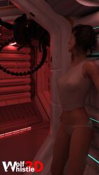 3d alien_(franchise) black_hair curly_hair ellen_ripley hiding nipples_visible_through_clothing panties see-through_clothing sweat tanktop wolfwhistle3d xenomorph