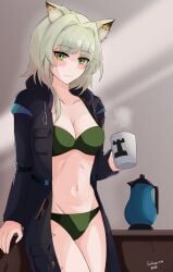 1girls 2022 animal_ears arknights artist_name artist_signature blush cat_ears cat_girl cleavage coat coffee coffee_mug collarbone drink female fox_girl green_bra green_eyes green_hair green_panties green_underwear kal'tsit_(arknights) light-skinned_female light_skin looking_at_viewer medium_breasts medium_hair realistic_breast_size selverna solo thighs twitter_username